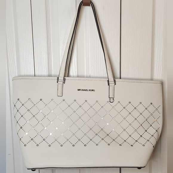 Michael Kors Handbags - Michael Kors white/mirror jeweled large shoulder tote zip closure